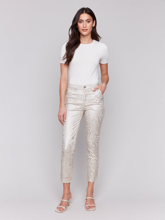 Metallic Print Twill Pants - Zebra