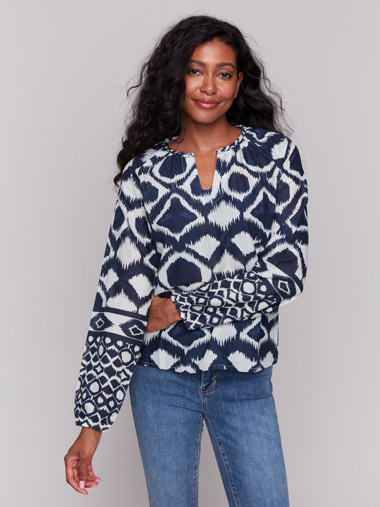 Printed Cotton Long Sleeve Popover Blouse - Navy