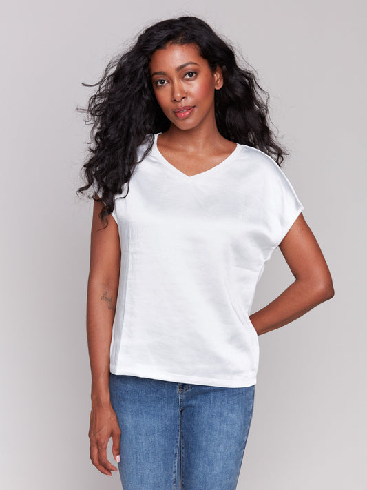 Satin V-Neck Knit Top - Natural