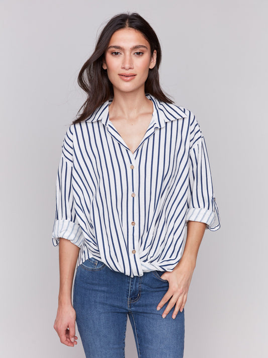 Striped Linen Blend Shirt with Front Twist Detail - Stripes