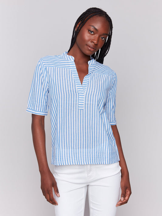 Striped Short Sleeve Popover Blouse - Denim