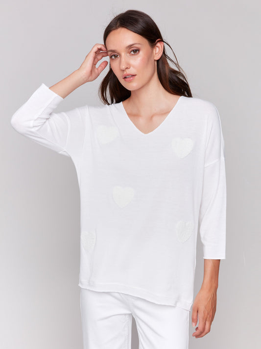 V-Neck Knit Top With Heart Appliqué - White