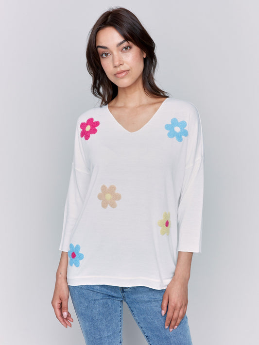 V-Neck Knit Top With Flower Appliqué - Multicolor